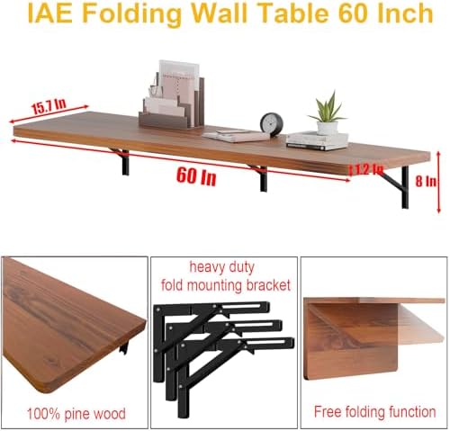 IAE Wall Mounted Folding Table with Pine Wood,60" x 16"Floating Wal...