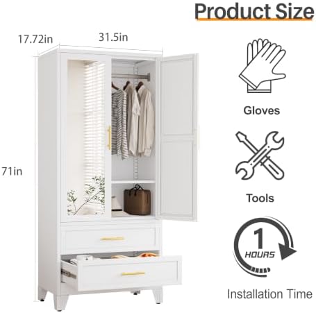RIETERN Metal Armoire Wardrobe Closet, 71" Tall Bedroom Closet with Mirror