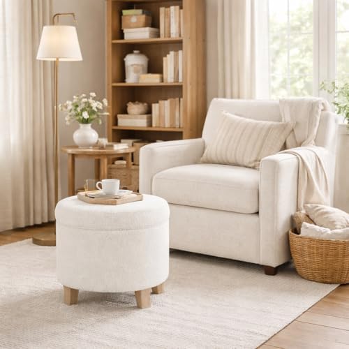 HomePop 19" Faux Sheepskin Round Storage Ottoman - Light Cream