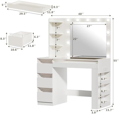 HUAHUU Vanity Desk with Lighted Mirror & Transparent Top, Makeup Vanity D...