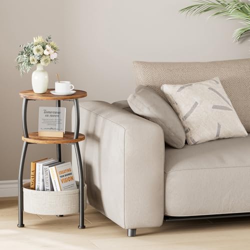 Round Side Table for Small Spaces with Storage Basket, 11.81in