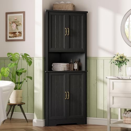 Vabches Tall Corner Cabinet, Corner Bathroom Cabinet, Black