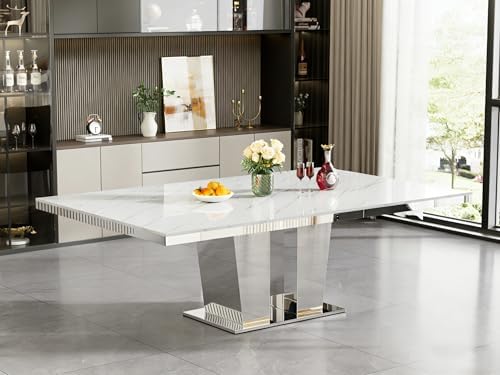 94.5" Faux Marble Dining Table Set for 10, Modern White Extendable Kitch...