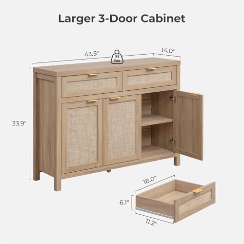 SICOTAS Rattan Sideboard Buffet Cabinet with Storage, Boho Credenza Accent