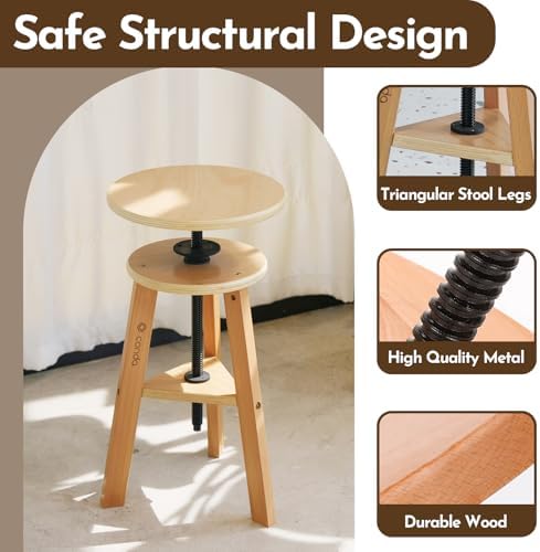 conda Adjustable Height Wooden Drafting Stool 20" to 25", Beech Woo...