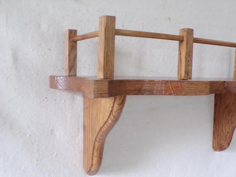 Rustic Wooden Wall Shelf with Rail, Natural Oak Floating Shelf, Decorative Storage Shelf for Living Room Bedroom Bathroom, Handcrafted Solid Wood Wall Mounted Shelf