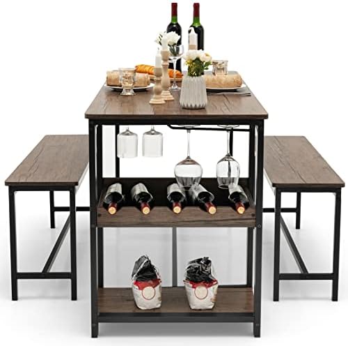GIANTEX Dining Table Set for 4, 3-Piece 55" L Kitchen Table Set w/ 2 Ben...