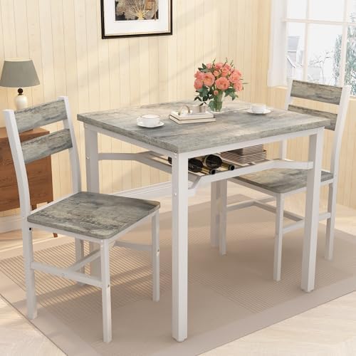 Hooseng 3 Piece Dining Table Set for 2, Small Wooden Kitchen Table with Stora...