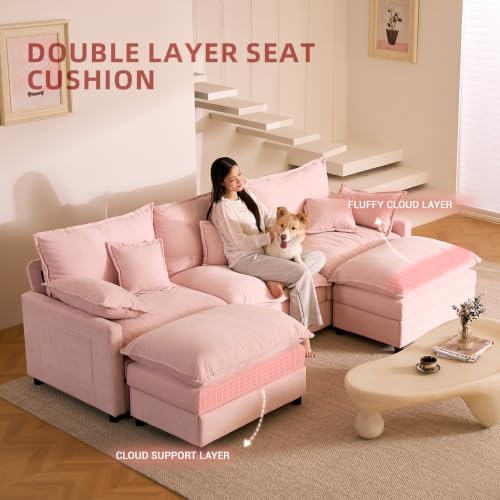 GOSUHI 108" U-Shaped Modular Cloud Couch, Deep Seat, Chenille Pink | Clo...