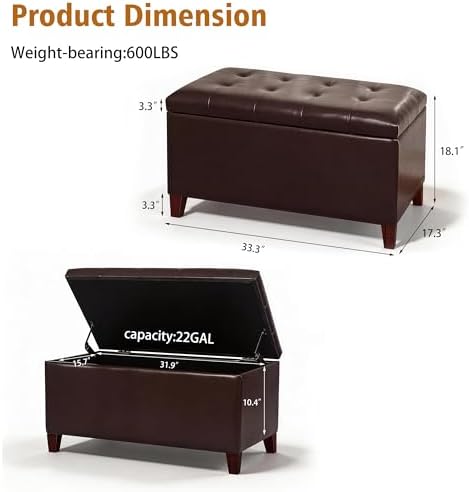 Joveco Storage Ottoman Bench, 33 Inches Faux Leather Rectangle Tufted Foot St...