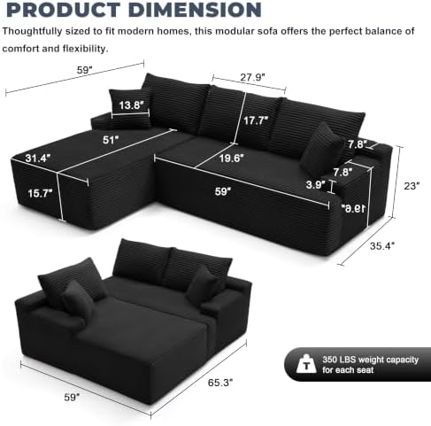 Mangodan Cloud Sectional Sofa, Couch for Living Room, Black | L Shaped Modula...