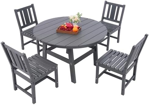 AMERLIFE Outdoor Dining Set for 4, HDPE Round Table and Chairs, Gray