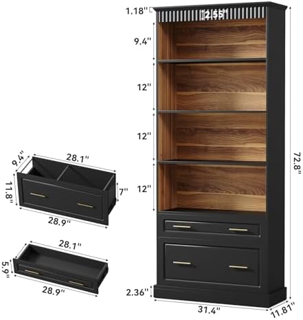 LITTLE TREE 72" Tall Black Bookcase with 2 Drawers, 5-Tier Bookshelf wit...