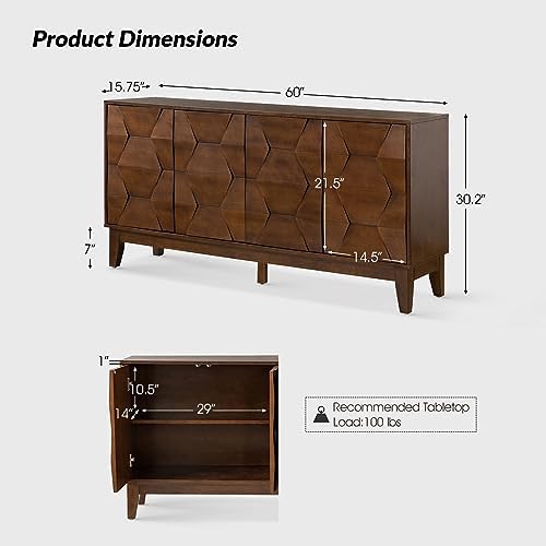 HULALA HOME Mid Century Sideboard Buffet Cabinet with Solid Wood Legs, 60&quo...