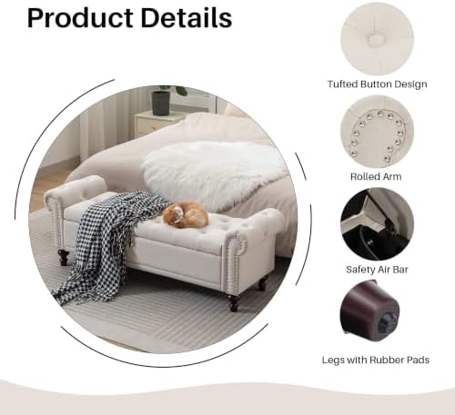 SOFTHION 58.1" Storage Bench for Bedroom, Linen Upholstered, Beige | End...