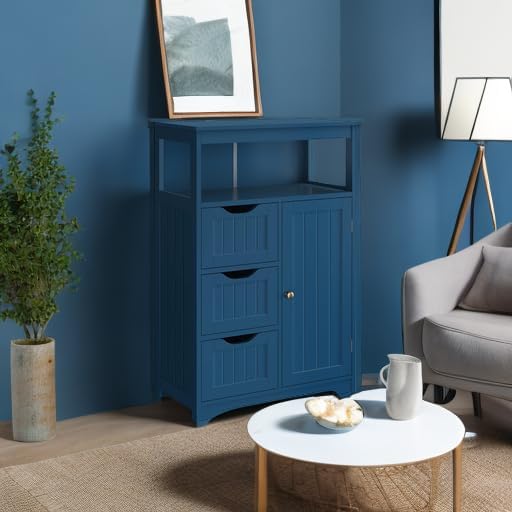 Yaheetech Small Bathroom Storage Cabinet with 3 Drawers, Navy Blue