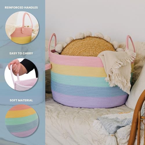 OrganiHaus Rainbow Toy Basket & Blanket Storage Bin, Nursery 20x13" | Rainbow Pastel - Round Rainbow Cotton Rope Basket, Nursery 20x13"