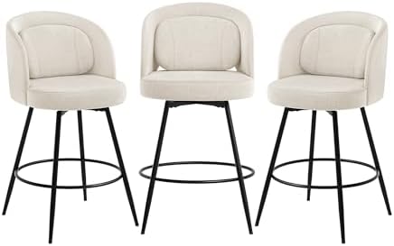 LUE BONA 26''H Swivel Bar Stools Set of 3, Counter Height Bar Stools with Backs, Lumbar Pillow and Black Metal Frames, Upholstered Modern Barstools for Kitchen Island, Linen Farbic, Linen Color