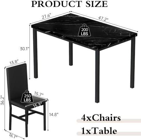 Hooseng Dining Table Set for 4, Modern Kitchen Table Chairs Set of 4, Black