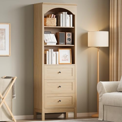 Arched Bookshelf,3 Tier Tall Bookcase with Adjustable Shelves and Drawers