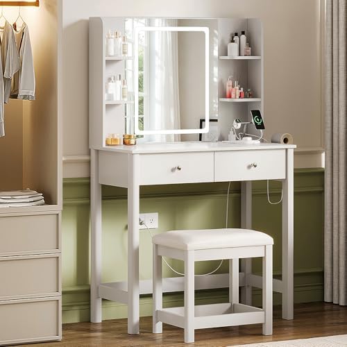 Vanity Desk with LED Mirror, 3 Lighting Modes and Chair | Small Makeup Vanity...