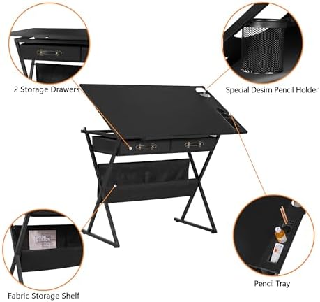 VECELO Drafting Table Art Desk Art Table Adjustable Drawing Table Tilted Tabl...