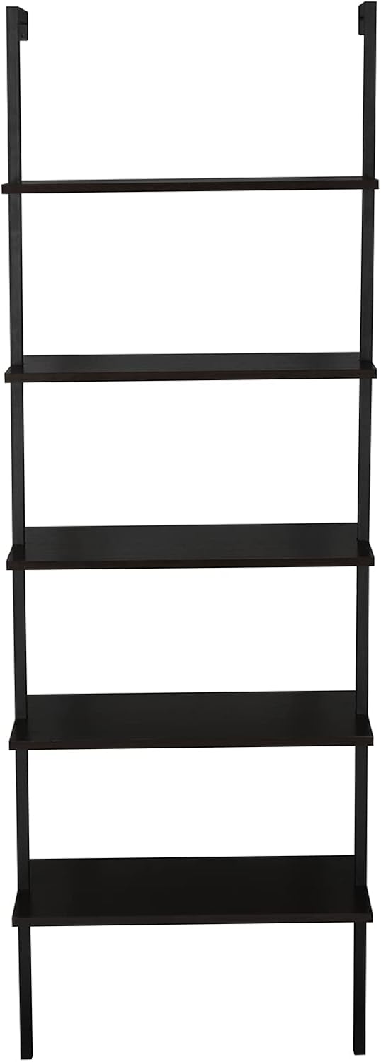 5-Tier wall Mounted Bookshelf, Ladder Shelves, Metal Frame & Wood Board, Decorative Shelving, Narrow Ladder Bookcase, Open Storage, Mordern Leaning Bookshelf for Bedroom, Living Room, Office, Black