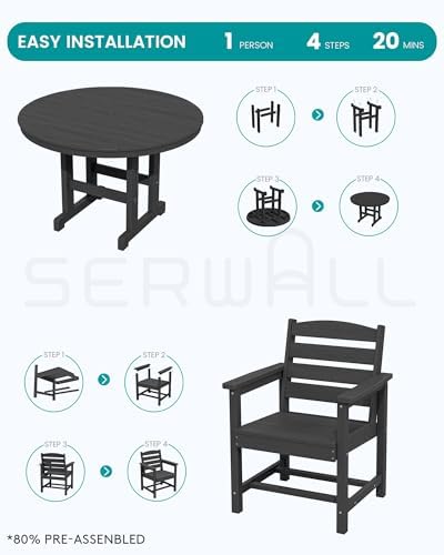 SERWALL 5-Piece HDPE Round Dining Set, 45" Table, 4 Chairs, Black