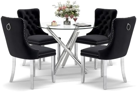 Modern Silver Round Glass Dining Table Set for 4, 36'' Luxury Minimal...