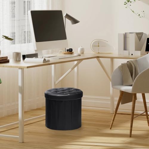 Bsketa Round Storage Ottoman, 14" Folding Leather Foot Rest Stool, Black