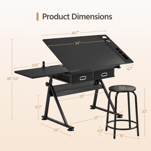 Yaheetech Adjustable Drafting Table Art Desk,Storage Drawers & Stool,Black