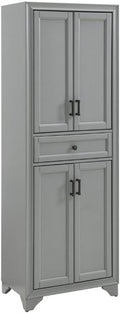 MAKLAINE Traditional Wood 4 Door Pantry, 67.75" H x 23.75" W x 15" D, MDF and Rubberwood, Distressed Gray/Black Finish, Adjustable Shelves, Full-Extension Drawer, Modern Farmhouse Kitchen Storage