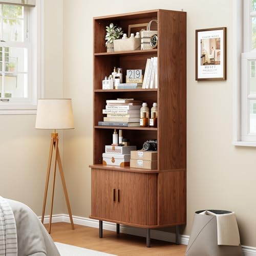 ONBRILL 71" Bookshelf with Sliding Door, Bookcase Storage Cabinet, Walnut