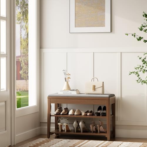 Small Shoe Bench with Storage, Wooden Shoe Storage Bench with Cushion&Hid...