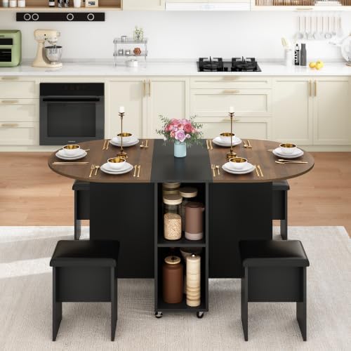 5 PCS Farmhouse Dining Table Set for 4,60" Large Round Folding Dining Ta...