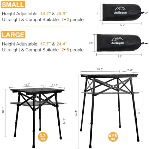 Folding Camping Side Table, Adjustable Height 14.2 & 18.9 in