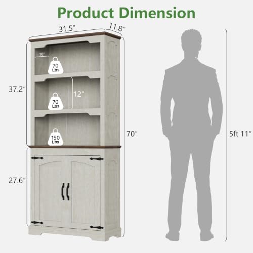 70'' Farmhouse White Bookcase Bookshelf, 5-Tier Bookcase with Doors S...