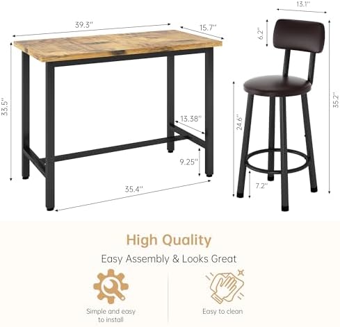 3 Piece Bar Table and Chairs Set for 2, Counter Height Rectangular Pub Dining...