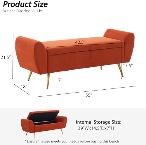 56" Storage Bench for Bedroom King Size Bed, Gold Legs, Velvet Orange