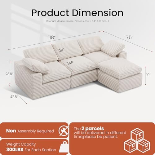 KKL 118" Modular Sectional Sofa, Cloud Sectional Couch L-Shaped with Ottoman, Corduroy Boneless Couch for Living Room Bedroom, Deep-Seat Upholstered Modular Cloud Sofa, No Assembly Required, Beige