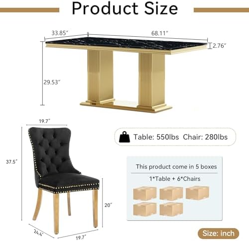 7-Piece Dining Table Set for 6, 68" Black Marble Kitchen Table with 6 Bl...