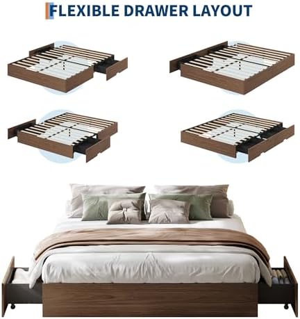 GarveeHome Wood Platform Bed Frame, Queen Bed Frame with 2 Drawers