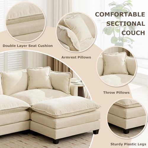 SoarFlash 77.95" Chenille L Shaped Modular Sofa with Ottoman,Beige