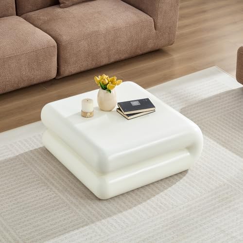 31.5" Modern White Coffee Table, Stone Coffee Table, Square Minimalist C...