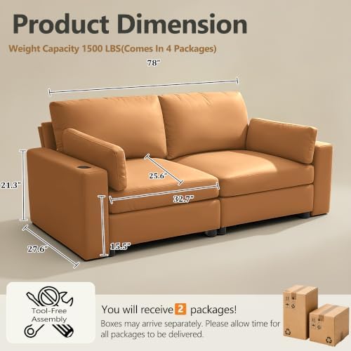 Leather Sectional Sofa, 78" Oversized Loveseat Couch, Deep Seat Scratch ...
