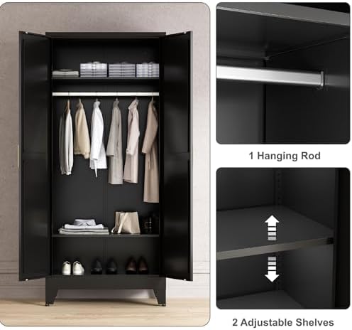Washsemba 71'' Farmhouse Metal Wardrobe Cabinet with Hanging Rod, 2 B...