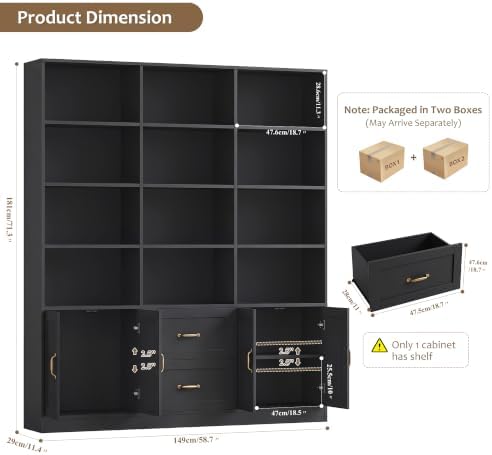 HOSTACK 71" Tall Triple Wide Bookshelf with Storage Drawers & Doors,...