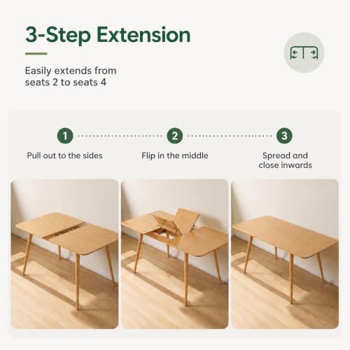 47’’-63’’ 100% Oak Extendable Dining Table, Solid Wood Folding Kitchen Table,...
