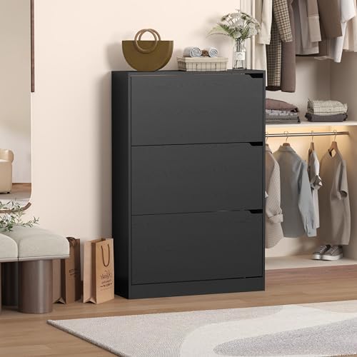 Narrow Shoe Cabinet for Entryway, Slim Shoe Storage Cabinet with 3 Flip Drawe...