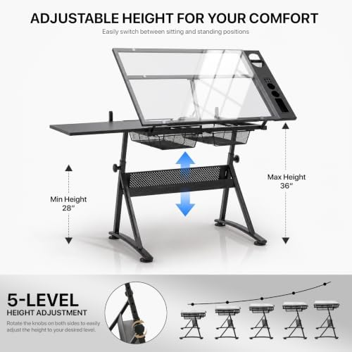 Athena Collection Glass Drafting Table W/Stool, Tilting Art Desk, Black